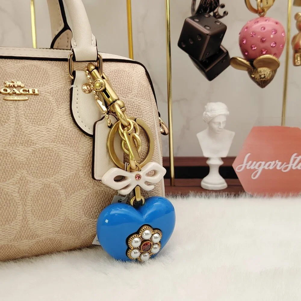 Coach Blue Heart Bag Charm Keychain with Pearl Flower and Pink Bow - Picture 7 of 7